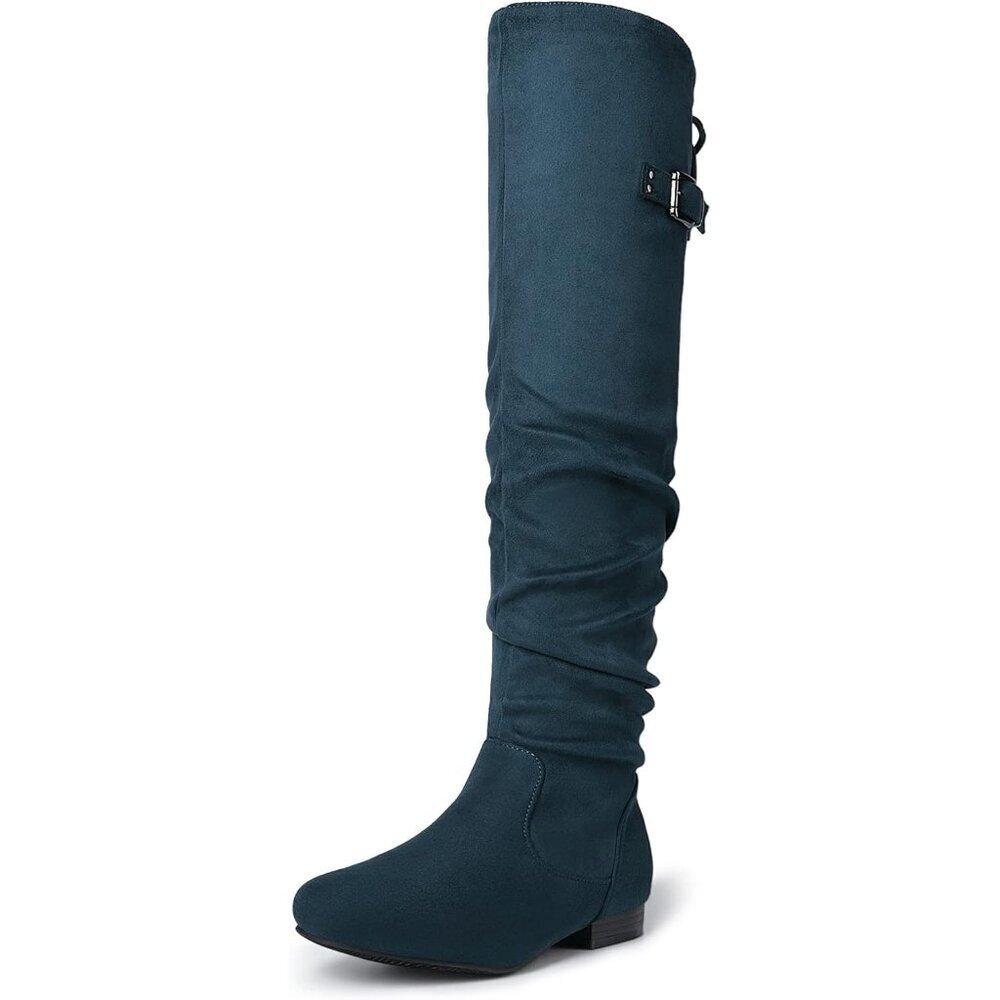Women's Blue Suede Over The Knee Thigh High Winter Low Heel Western Boots